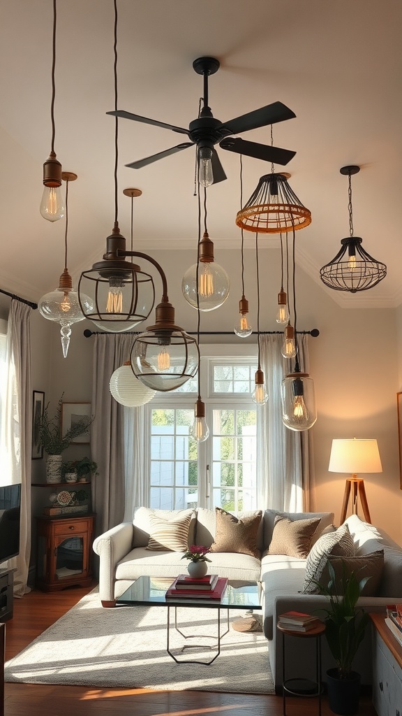 A cozy living room with eclectic pendant lights hanging from the ceiling, showcasing a mix of styles.