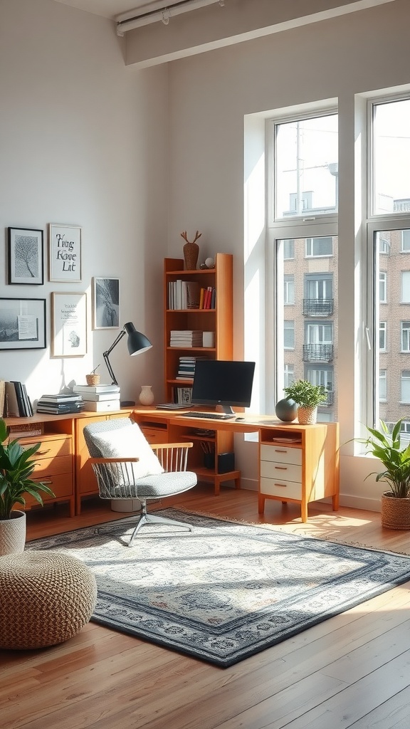 Cozy fall home office with wooden furniture, large windows, and plants