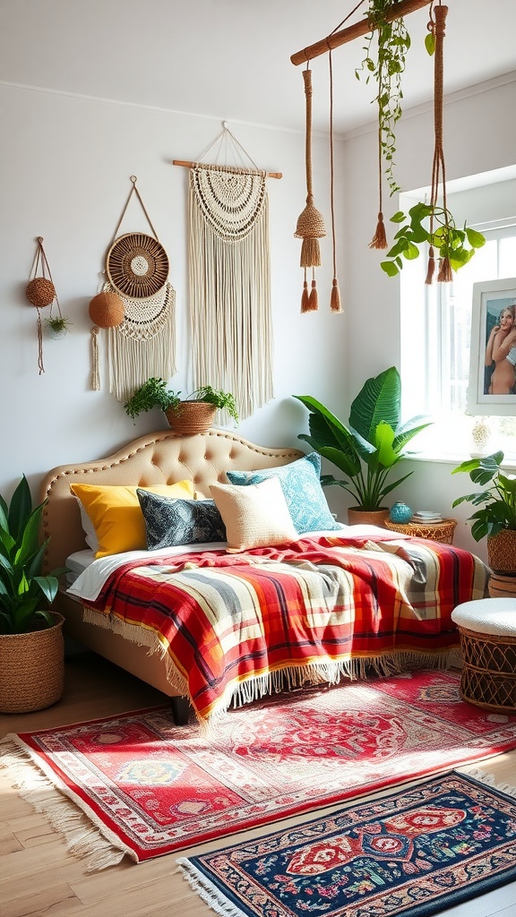 A cozy boho-style bedroom featuring a bed with a striped blanket, colorful pillows, macramé wall hangings, plants, and layered rugs.