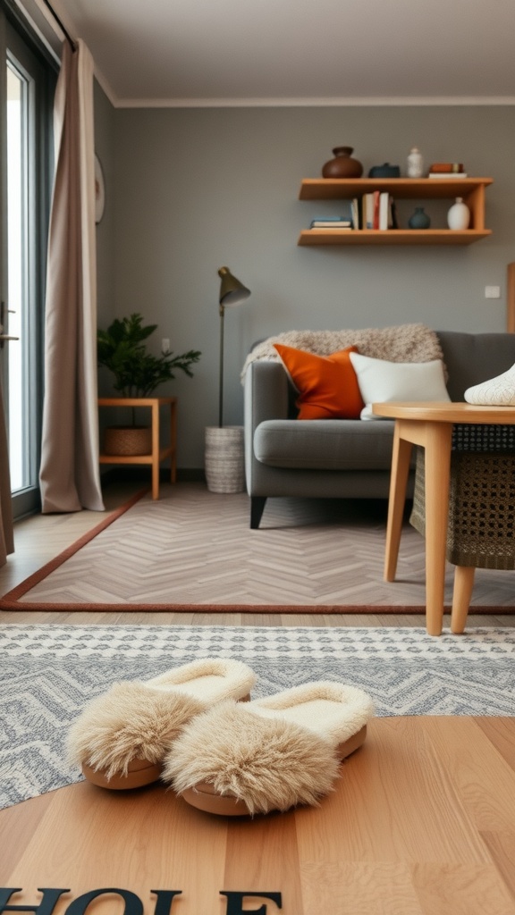 A pair of fluffy slippers on a wooden floor in a cozy farmhouse living room setting.