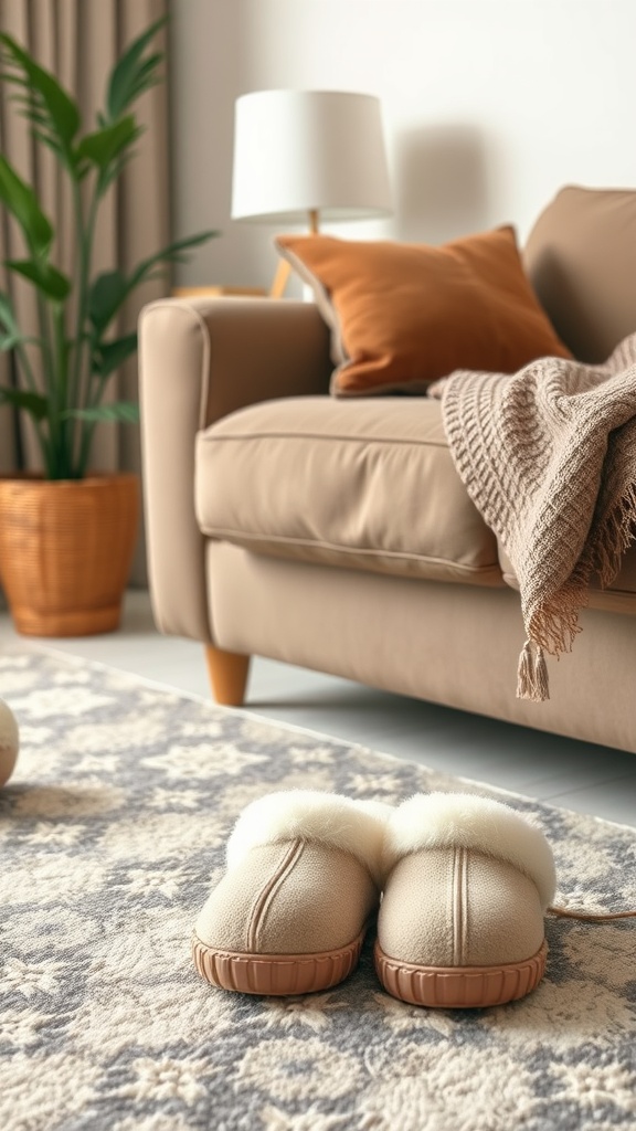 A cozy living room scene featuring plush slippers on a beautiful rug, inviting relaxation.