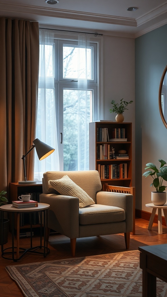 A cozy reading nook with an armchair, side table, bookshelves, and plants.