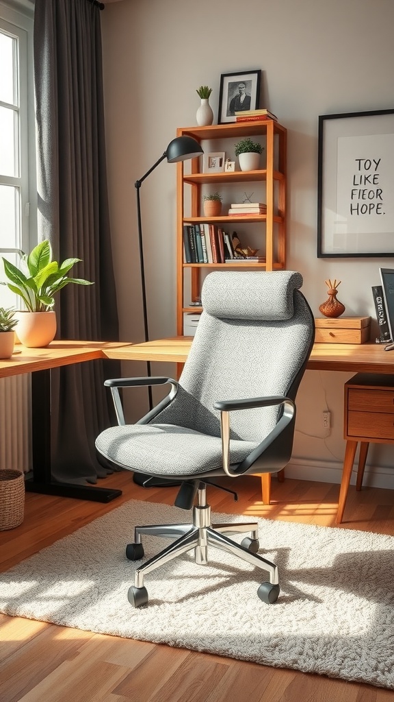 A modern office chair in a cozy home office setting with a wooden desk and warm decor.