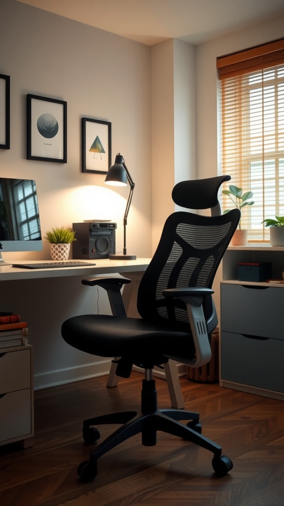 A modern office chair in a cozy home workspace with a desk and decorative items.