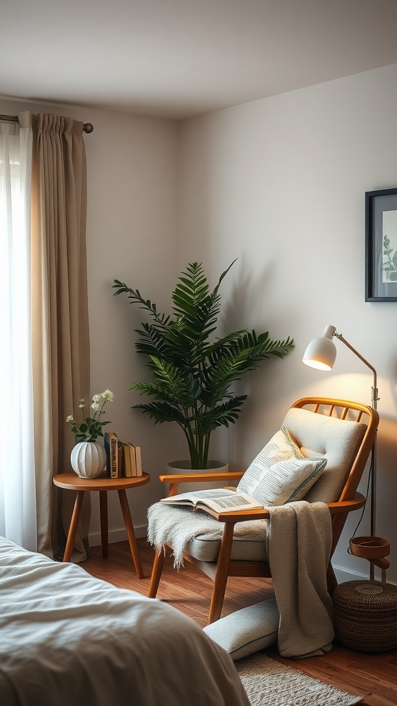 Cozy reading nook in a bedroom with a wooden chair, books, and a plant.