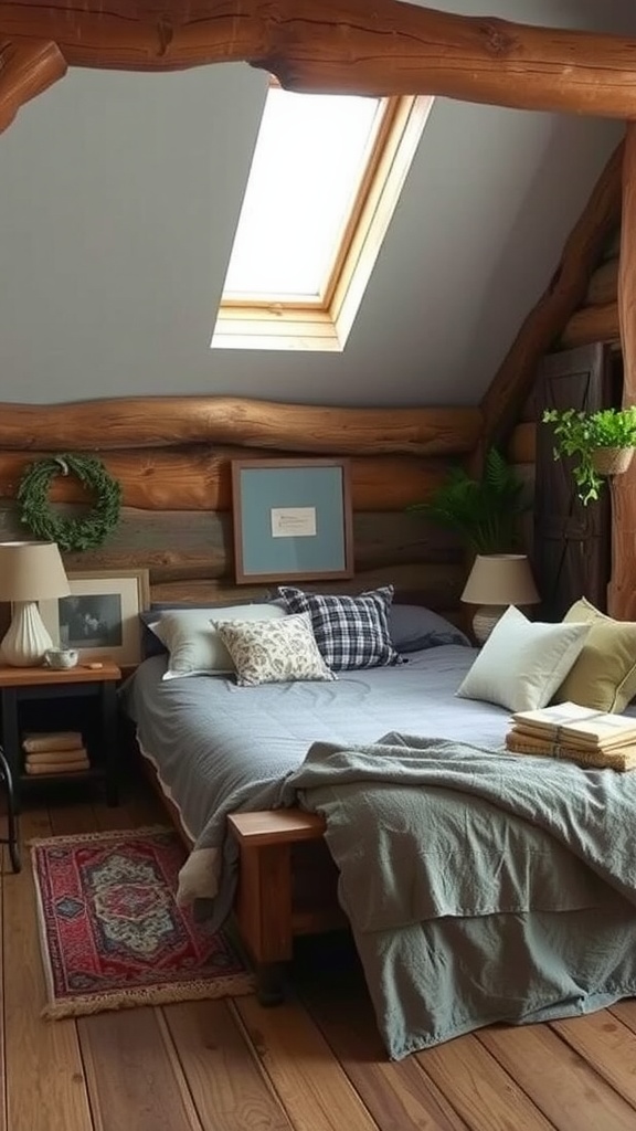Cozy rustic bedroom with wooden walls, a comfortable bed, and a small seating area near a window.