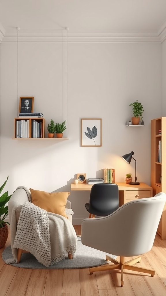 A cozy corner in a home office featuring a soft armchair, a small desk with books, and plants.