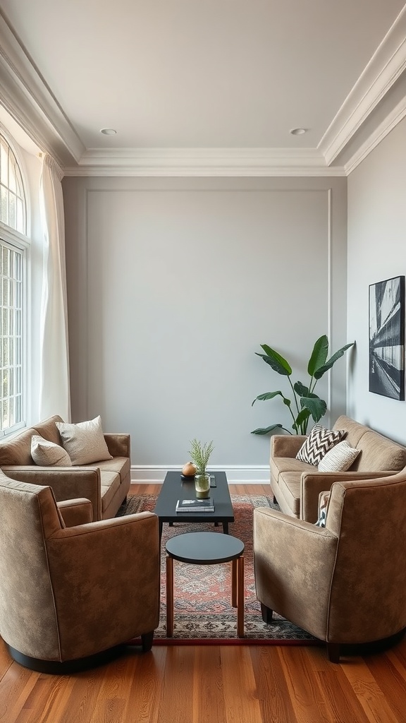 Comfortable seating arrangement in a cozy living room with two sofas, a coffee table, and a plant.