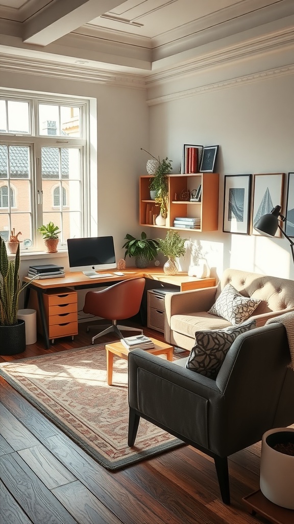 A masculine home office with a cozy dark armchair, a modern desk chair, a stylish desk, and a warm rug.