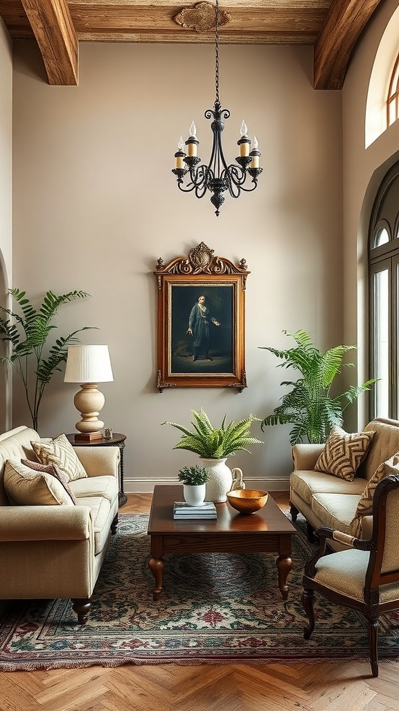 A cozy living room featuring two beige sofas, a wooden coffee table, a vintage chandelier, and artistic decor.
