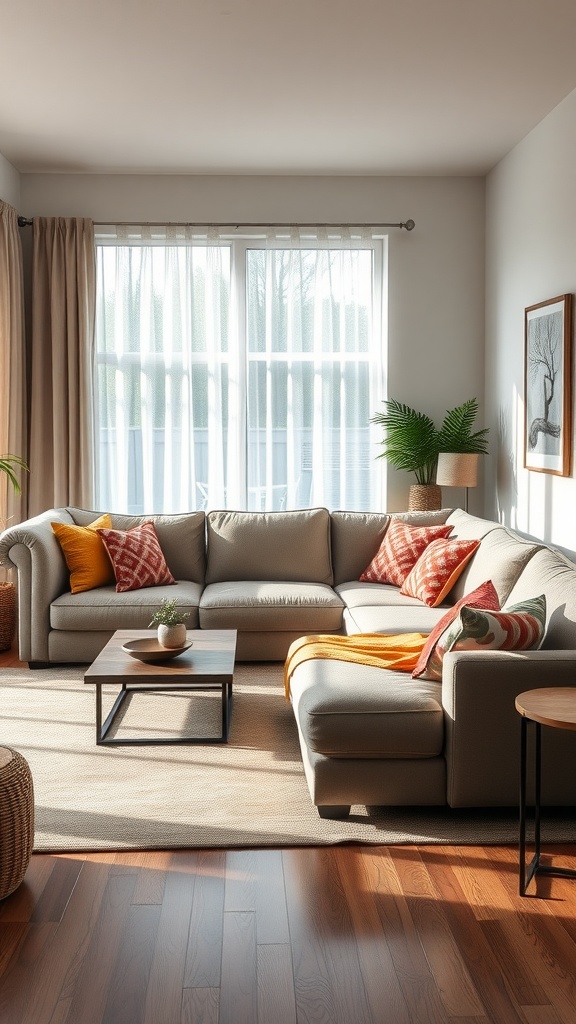 Cozy farmhouse living room with a comfortable sectional sofa and natural light