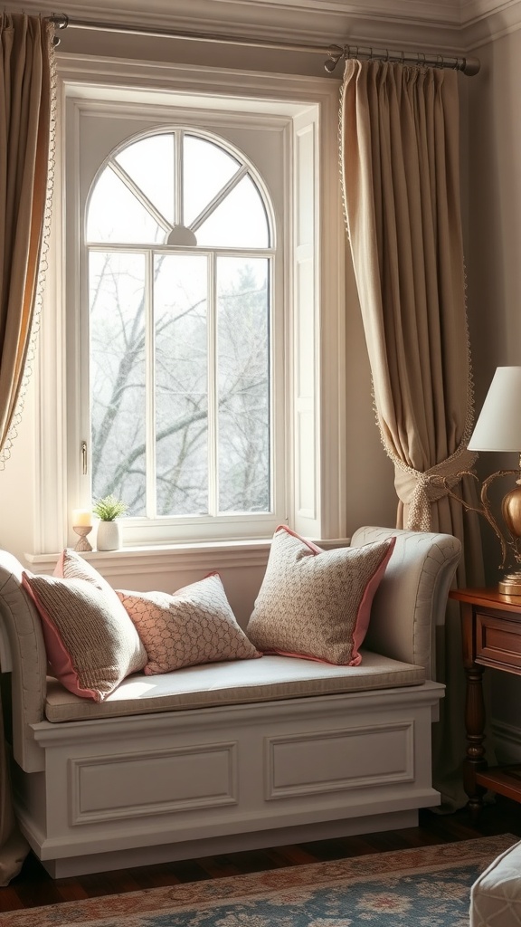 Cozy window seating with pillows and natural light in a beautifully decorated bedroom