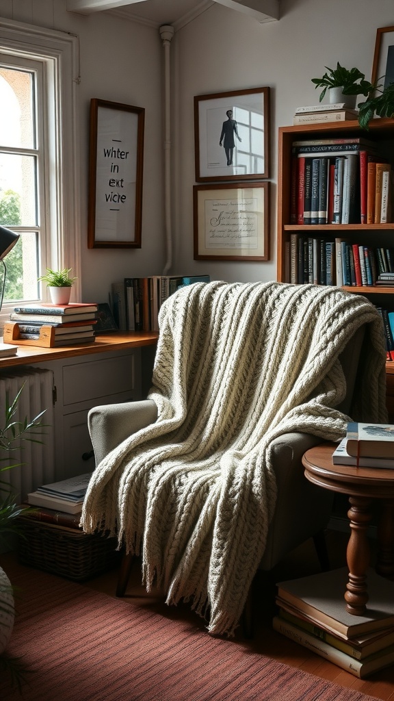 Cozy armchair with a knitted throw in a home office setting