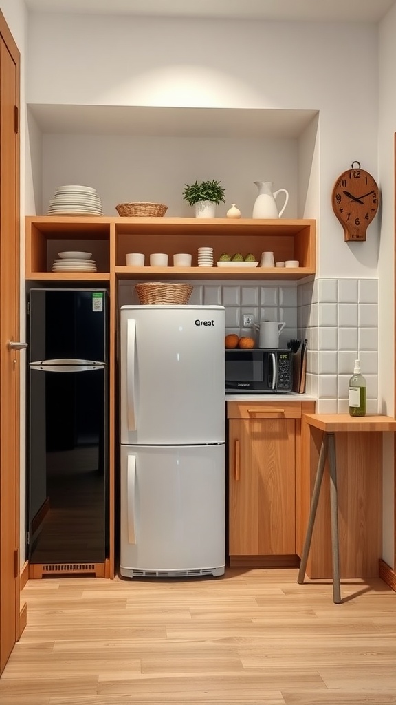 Compact kitchen with two fridges, open shelves, and a small table