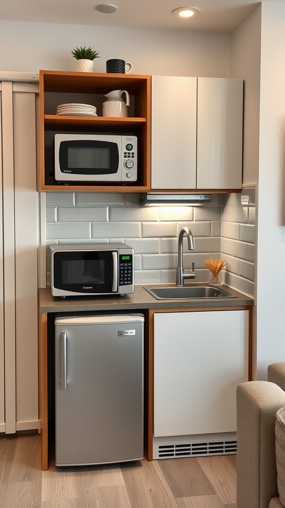 A small apartment kitchen with compact appliances including a microwave, refrigerator, and sink.
