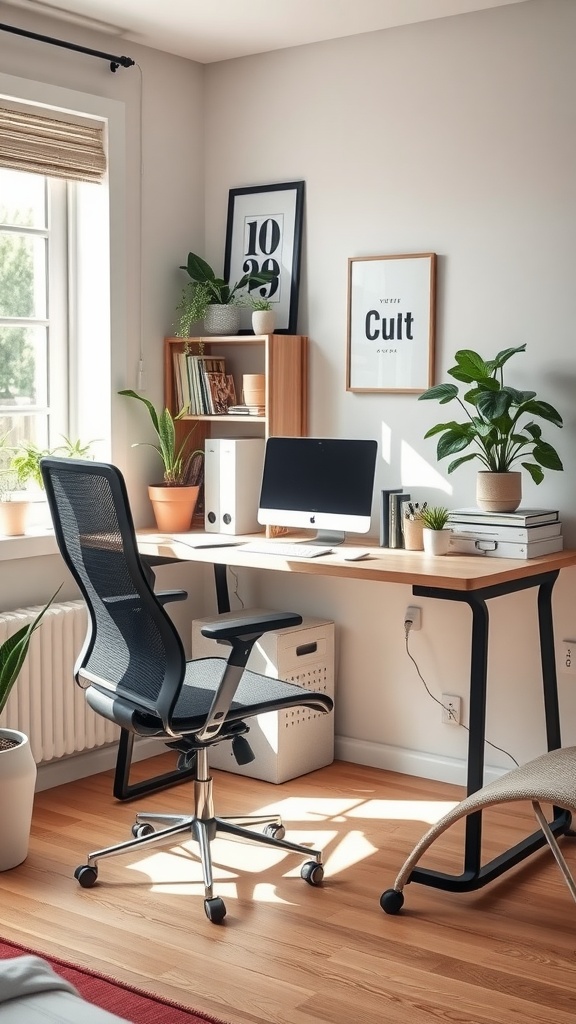 A compact corner desk setup with an ergonomic chair, computer, and plants in a bright room.