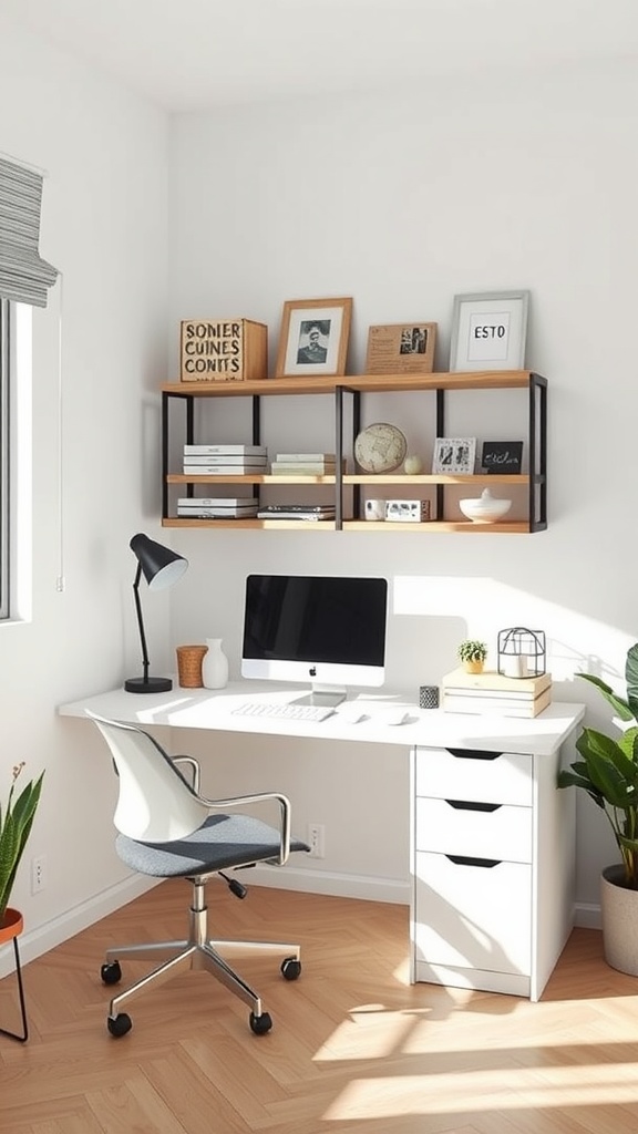 A compact corner desk setup with a computer, lamp, and plants in a well-lit room.