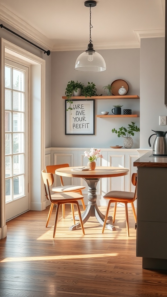 A small dining nook featuring a round table with four chairs, natural light from a window, and decorative shelves.