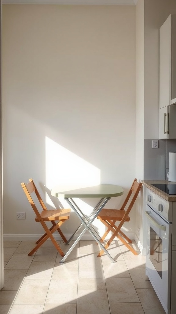 A compact dining area in a small kitchen featuring a round table and two folding chairs, illuminated by sunlight.