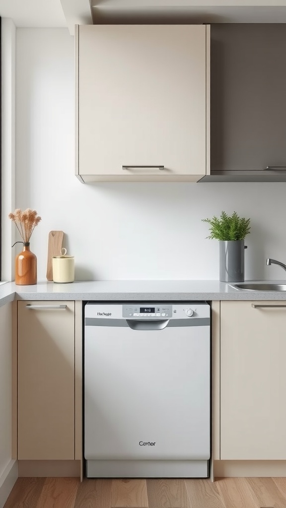 A compact dishwasher installed in a small apartment kitchen with beige cabinets and a modern sink.