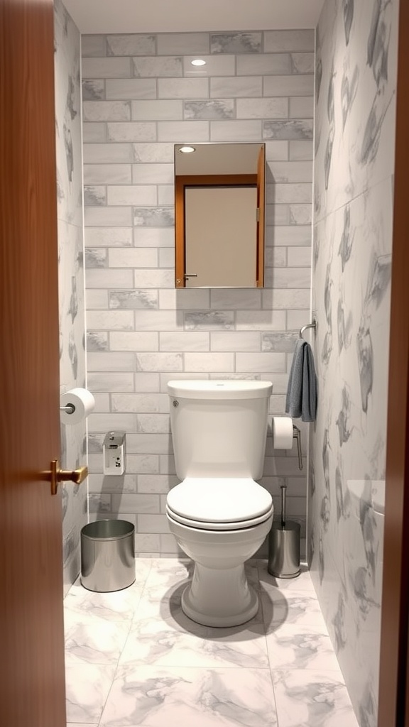 Compact bathroom featuring a toilet, mirror, and marble-patterned tiles.