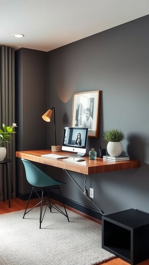A compact floating desk in a small home office with a modern design.