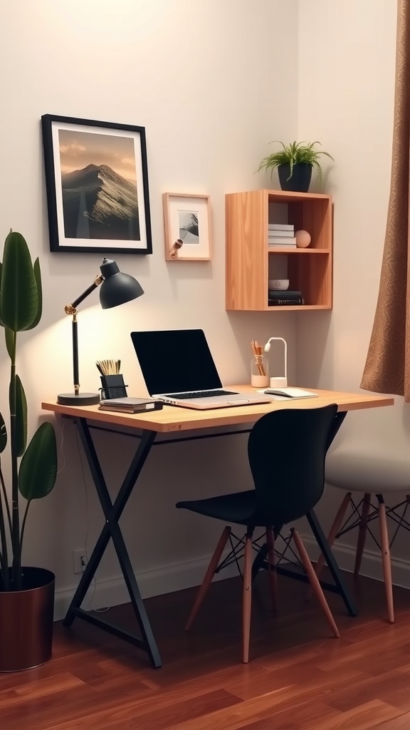 A compact folding desk setup in a tiny home office with a laptop, lamp, and decorative elements.