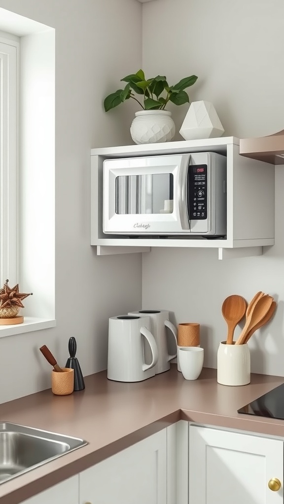 A compact microwave shelf in a small apartment kitchen, featuring a microwave, plant, and kitchen utensils.