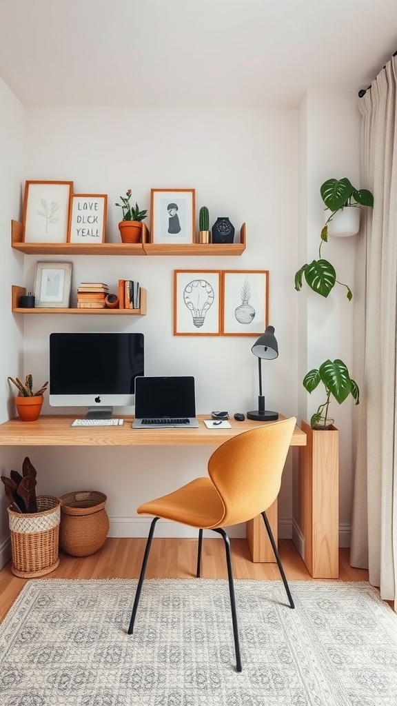 A compact home office setup featuring a light wood desk, computer, orange chair, and decorative shelves with plants and art.