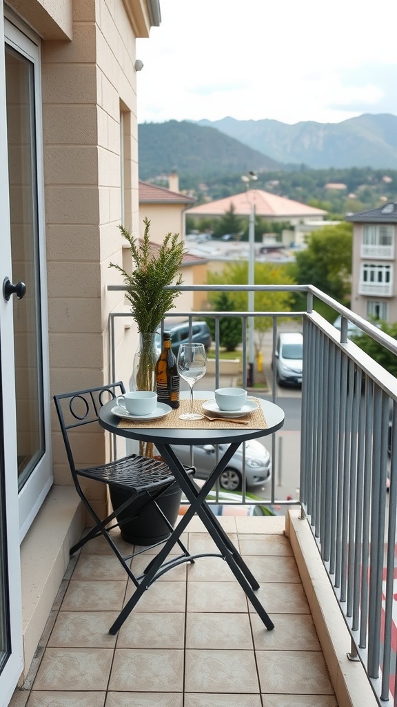 A small balcony featuring a round table with two cups and a decorative plant, overlooking a scenic view.