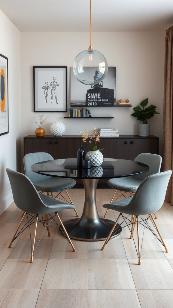 A compact dining nook featuring a round black table and modern light blue chairs, complemented by wall art and plants.