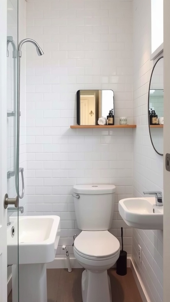 A compact bathroom featuring a corner shower, white tiles, and modern fixtures.