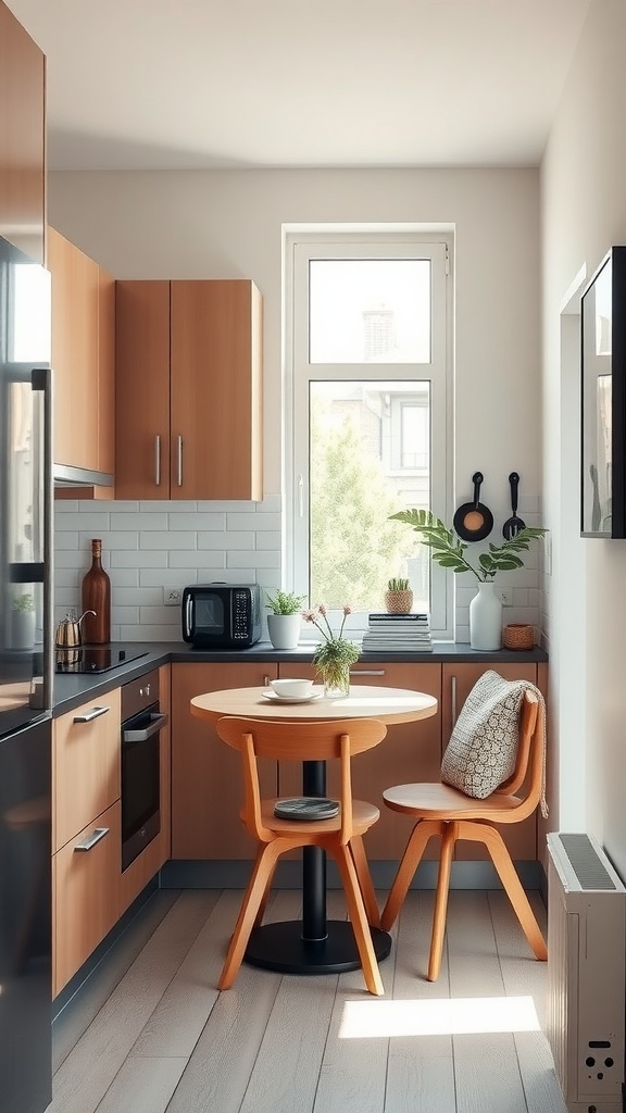 A compact U-shaped kitchen featuring wooden cabinets, a dark countertop, and a round dining table with chairs.