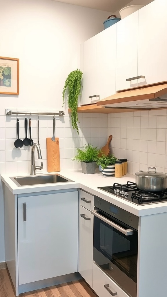 Compact kitchen workstation with sleek cabinetry, organized utensils, and greenery.