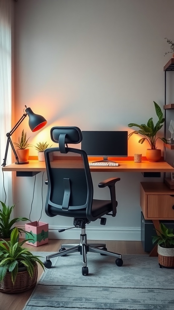 A cozy home office featuring a desk with a monitor, ergonomic chair, and potted plants.