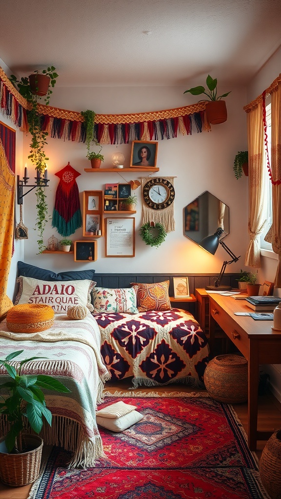 A cozy and colorful Boho bedroom with plants, wall decor, and a warm bedding arrangement.