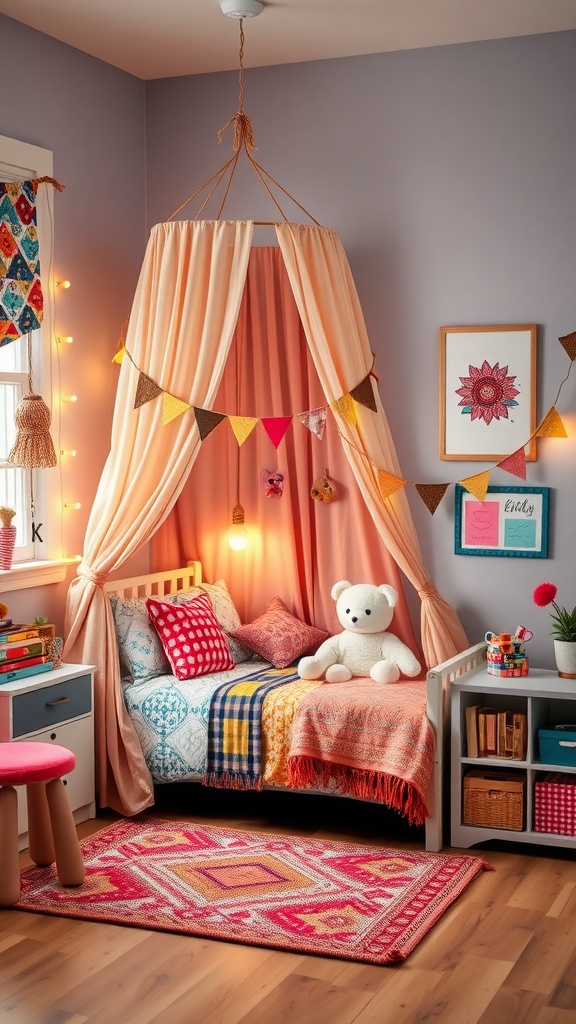 Cozy Boho bedroom for kids with soft curtains, colorful bedding, and playful decor.