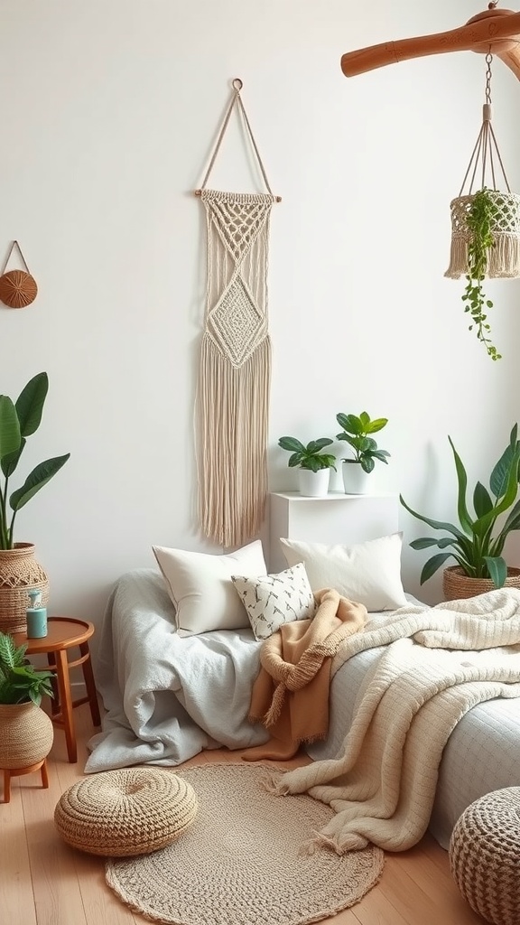 A cozy Boho bedroom featuring a bed with soft blankets, macramé decor, and indoor plants.