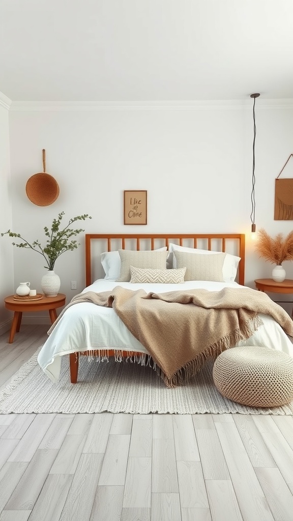 A cozy Scandi Boho bedroom featuring a wooden bed, soft blankets, and minimal decor.