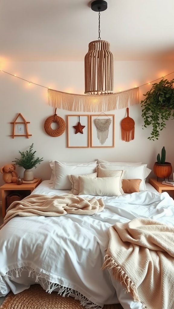 Cozy boho style bedroom with soft bedding, decorative wall hangings, and plants