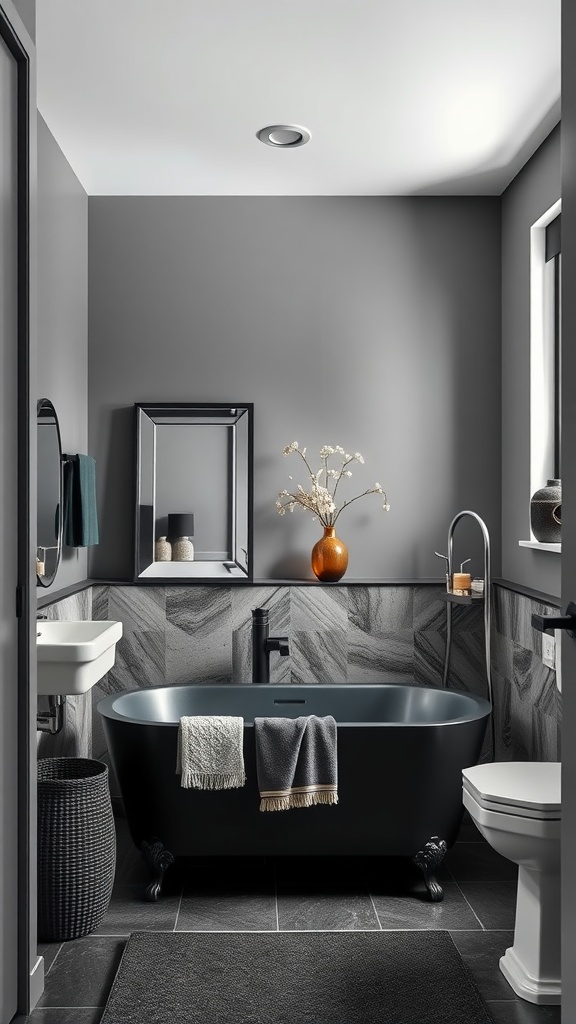 Stylish black bathroom featuring a black bathtub, modern decor, and a sophisticated atmosphere.