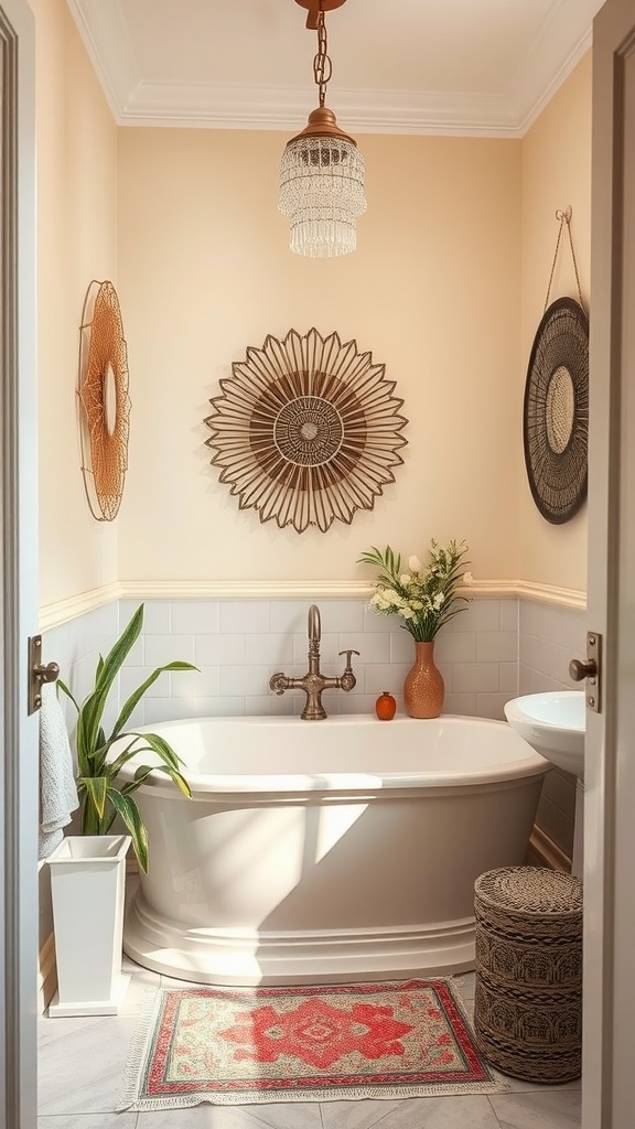 A cozy bathroom featuring warm tones, woven wall decor, and a relaxed atmosphere