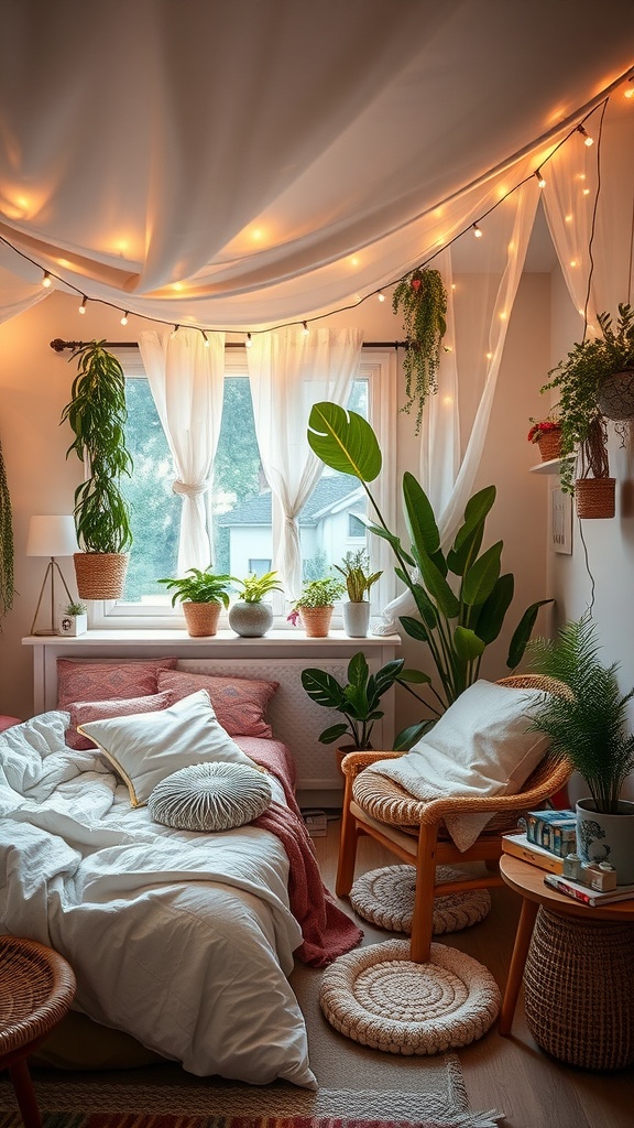 A cozy bedroom with Boho fairy lights draped over a ceiling, plants on the windowsill, and a neatly made bed.