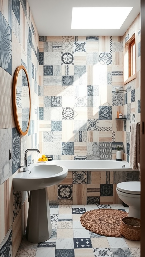 A stylish bathroom featuring a mix of patterned tiles on walls and flooring, a modern sink and bathtub, and natural light.