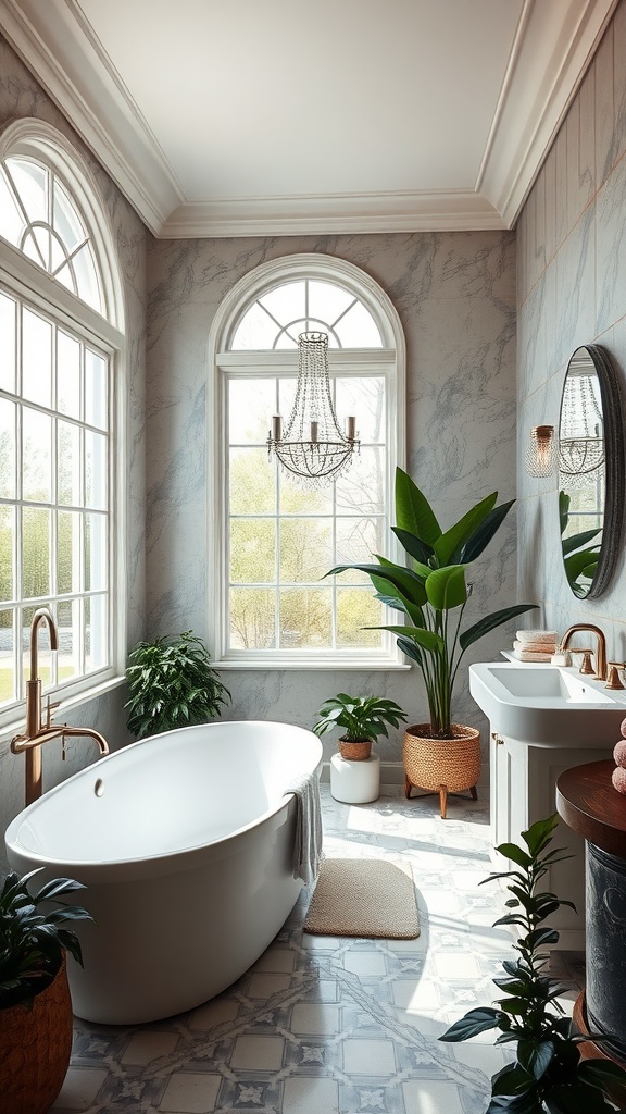 A bright and elegant bathroom featuring a free-standing bathtub, plants, and large windows.