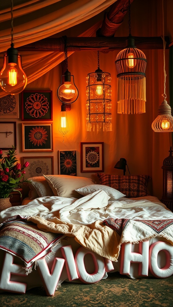 A cozy boho bedroom featuring various hanging lights, soft textures, and warm colors.