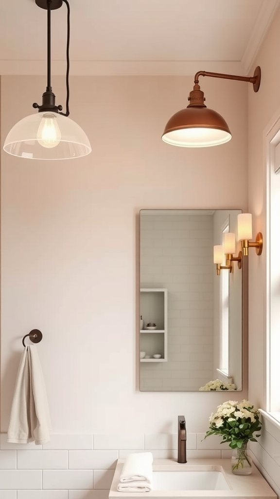A bathroom featuring a modern pendant light and a warm wall sconce, reflecting style and functionality.