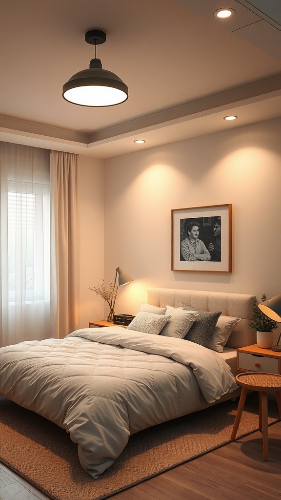 A cozy bedroom featuring soft lighting, neutral colors, and stylish decor.