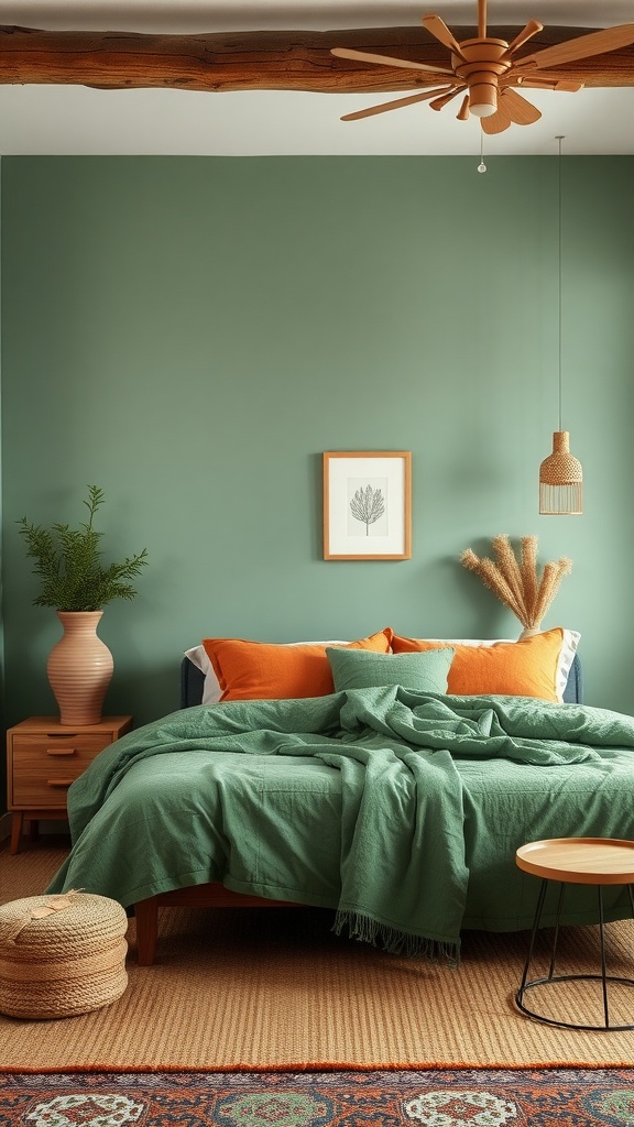 A cozy bedroom featuring a green wall, terracotta accents, and natural decor elements.