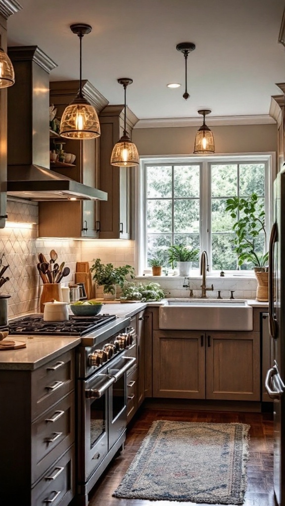 A cozy kitchen with warm pendant lights and under-cabinet lighting, showcasing a modern design.